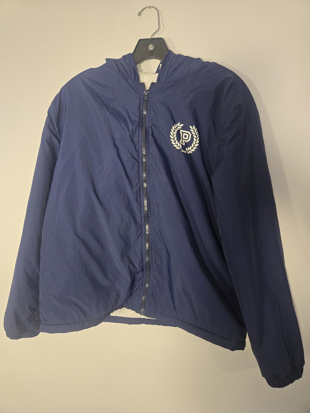 PINK Victoria's Secret Navy Hooded Zip-Up Jacket with White Crest